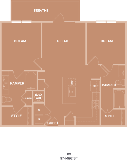 Floor plan for 2 beds, 2 baths, 992 sqft